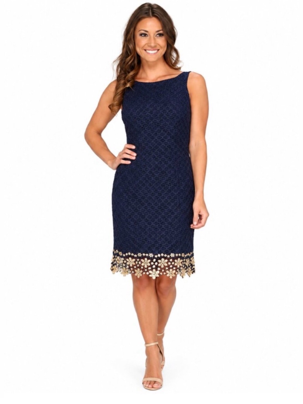 Lilly Pulitzer Dawson Sheath Dress Navy Blue Gold Lace Sequin Hem Size 14